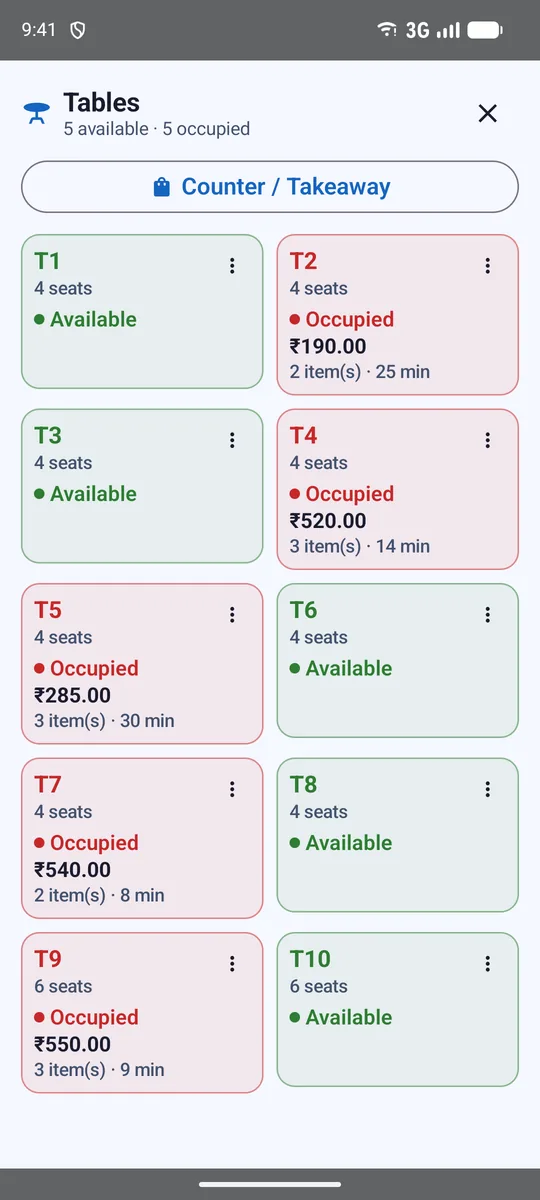 RasaBill app screen: Billing App for Several Phones, with Live Reports on Your Computer